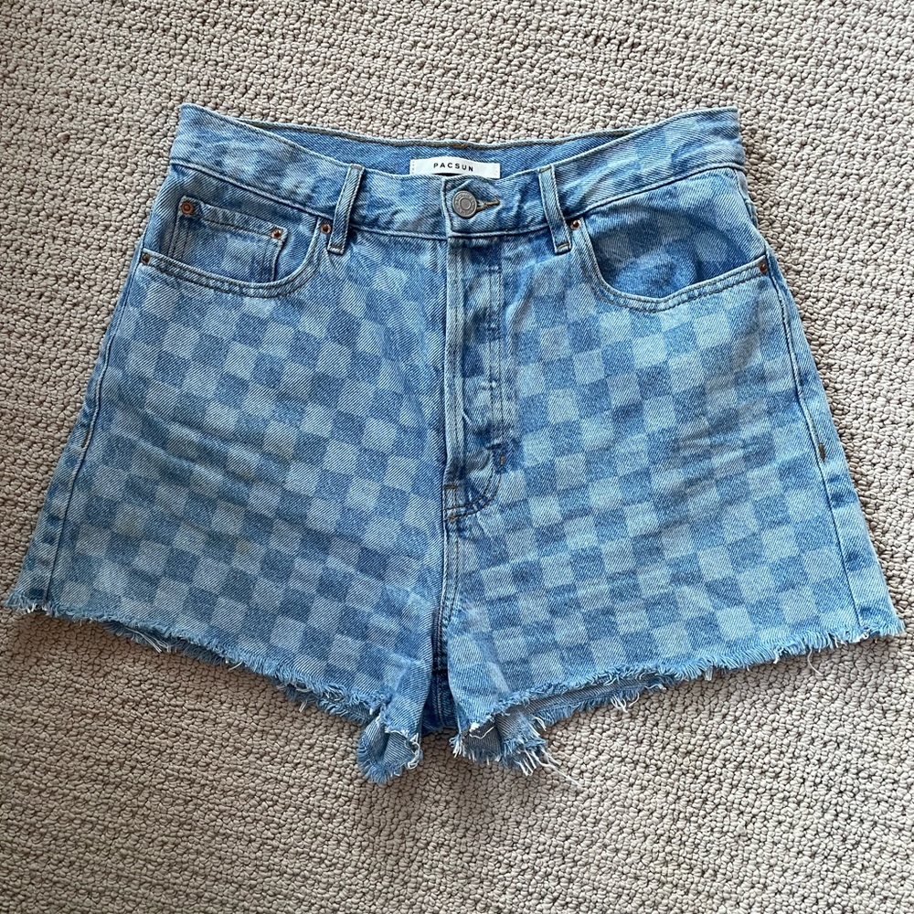 PacSun Button Fly Checkered Denim Shorts with Frayed Hem